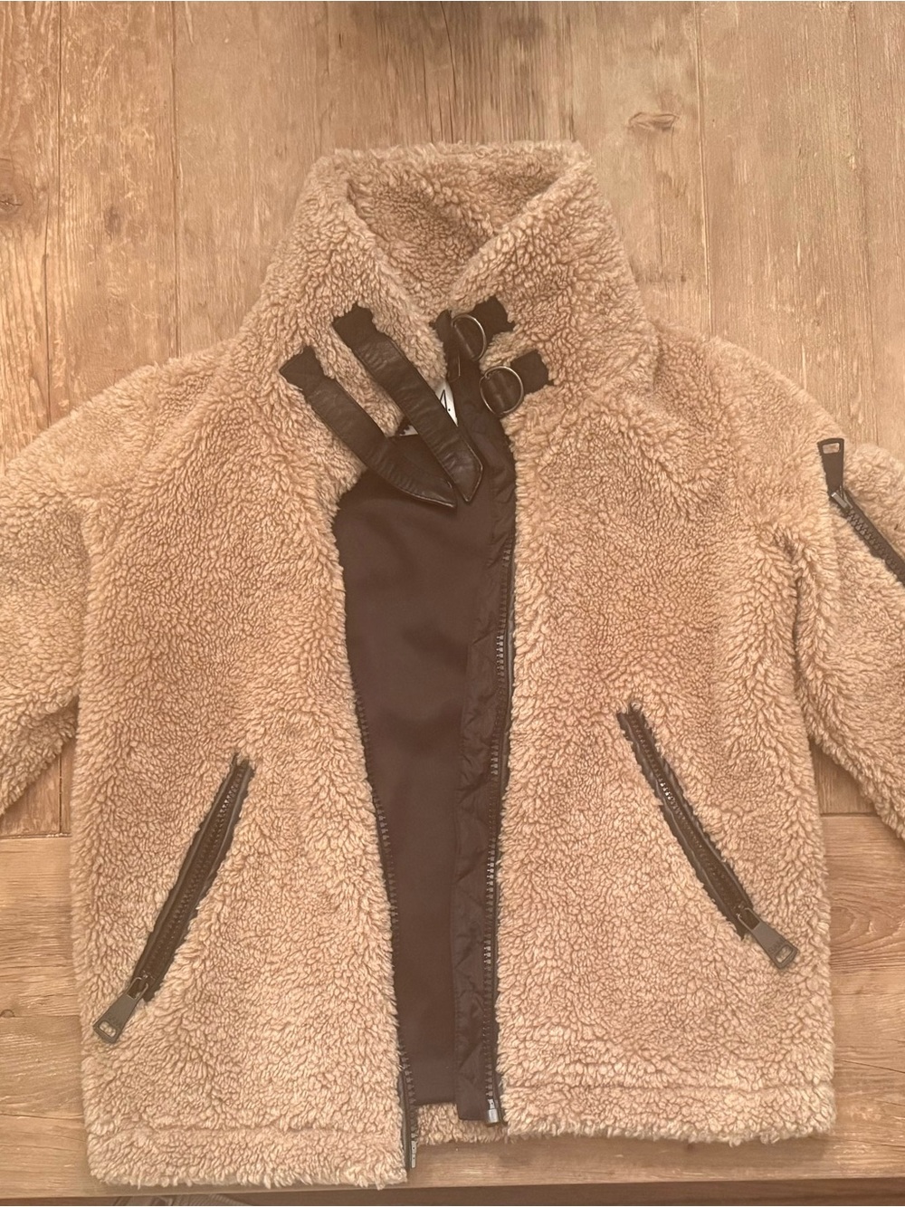 SAM New York Women’s Sherpa Bomber Jacket in Beige with Black Trim
